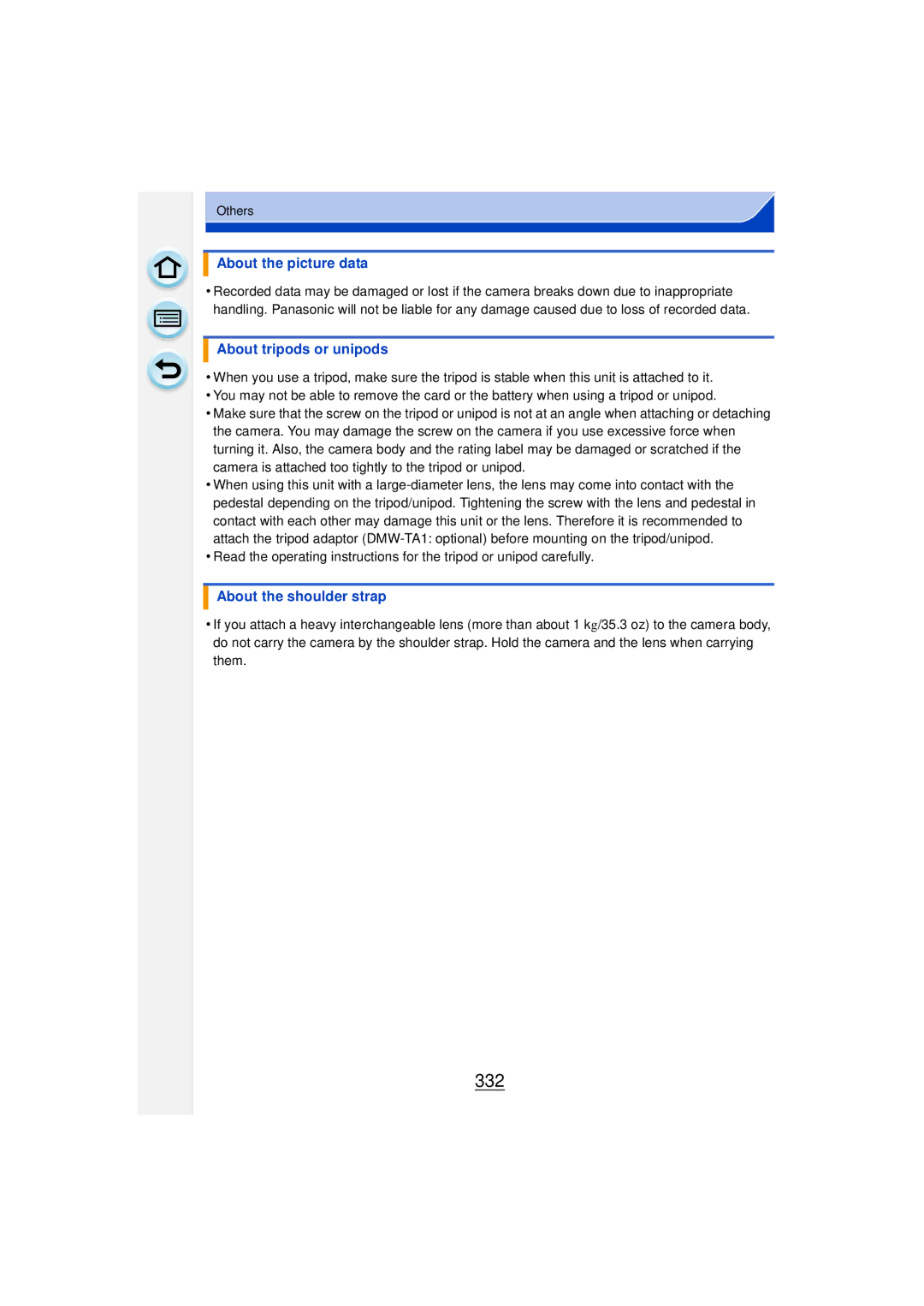 Panasonic DMCGF6KK owner manual 332, About the picture data, About tripods or unipods, About the shoulder strap 