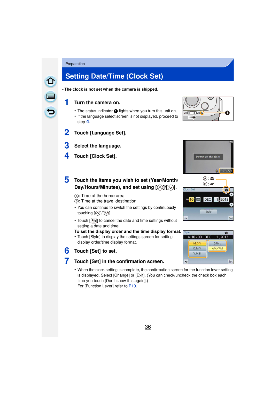 Panasonic DMCGF6KK owner manual Setting Date/Time Clock Set 