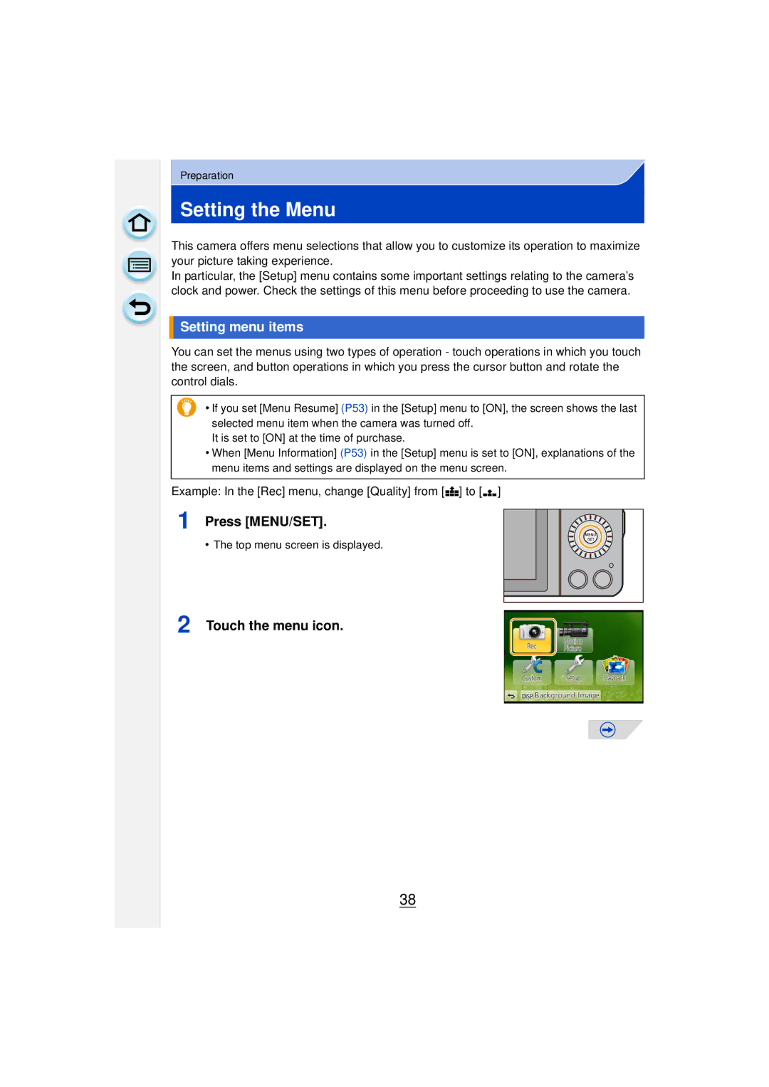 Panasonic DMCGF6KK owner manual Setting the Menu, Setting menu items, Press MENU/SET, Touch the menu icon 