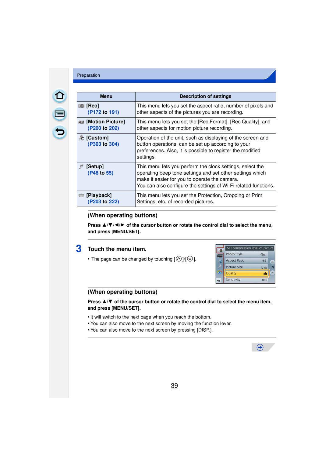 Panasonic DMCGF6KK owner manual When operating buttons, Touch the menu item 