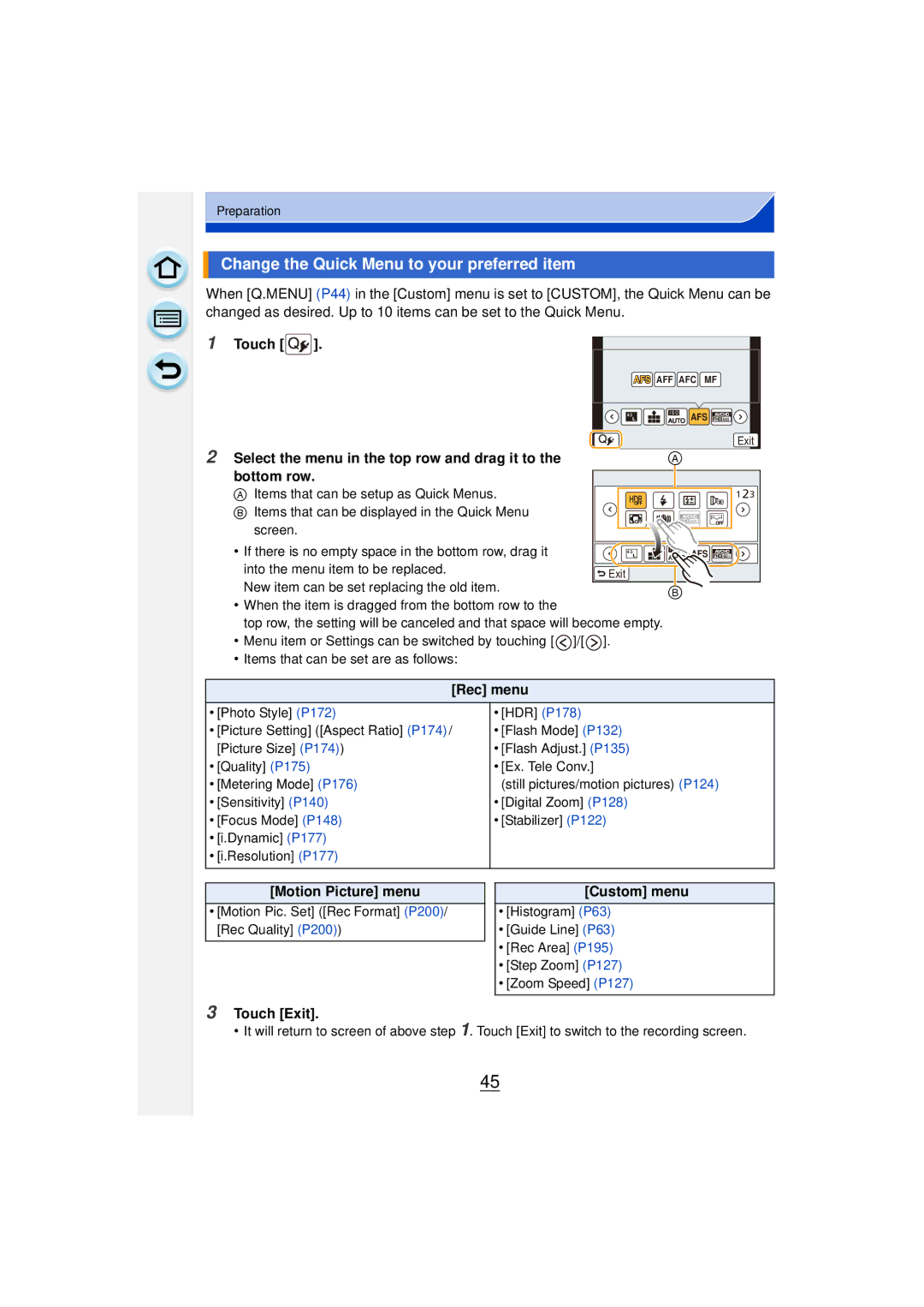 Panasonic DMCGF6KK Change the Quick Menu to your preferred item, Rec menu, Motion Picture menu, Custom menu, Touch Exit 