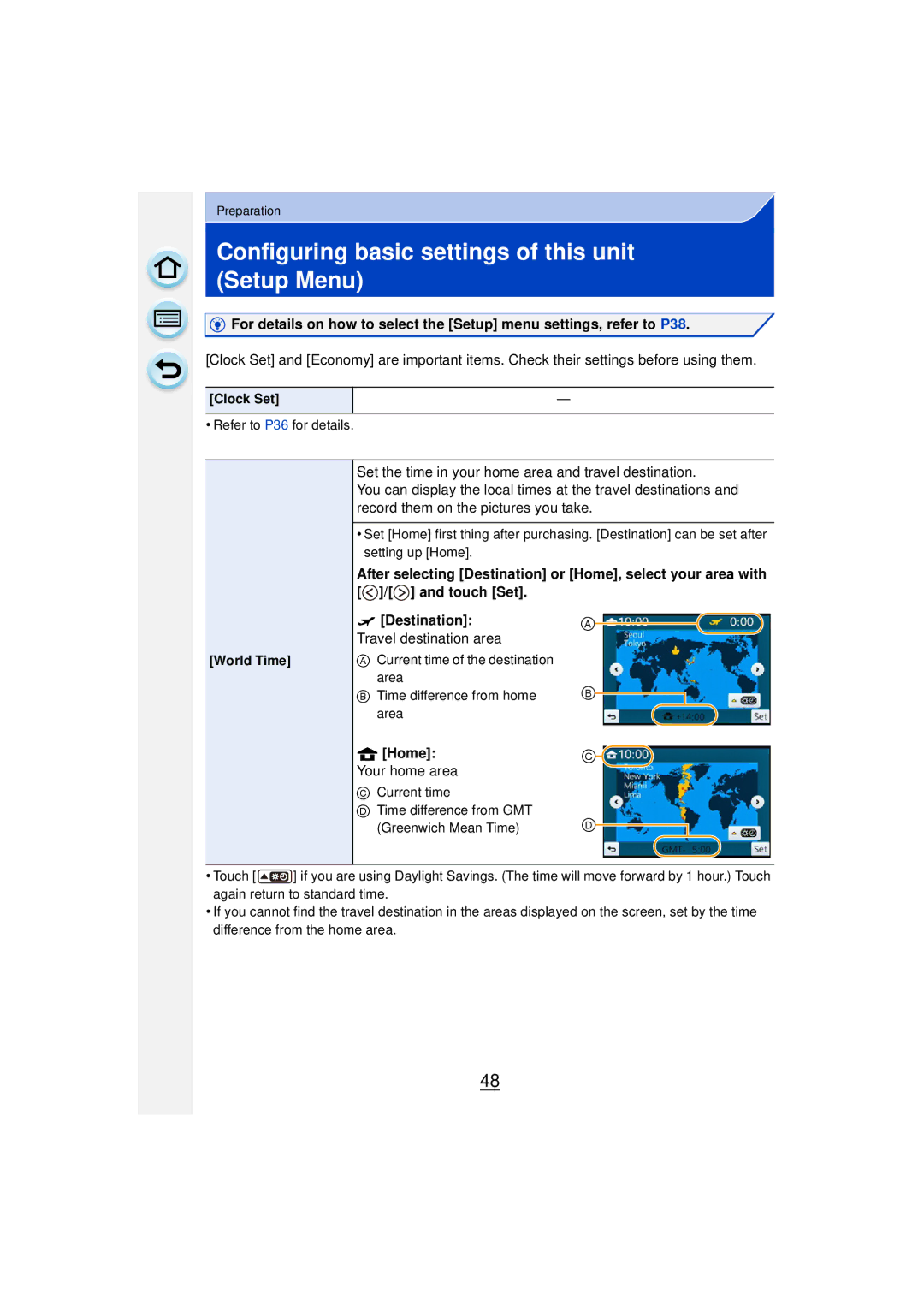 Panasonic DMCGF6KK Configuring basic settings of this unit Setup Menu, Destination Travel destination area, Clock Set 