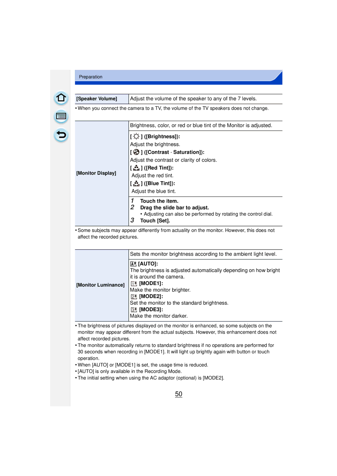 Panasonic DMCGF6KK Brightness, Contrast · Saturation, Red Tint, Blue Tint, Touch the item Drag the slide bar to adjust 