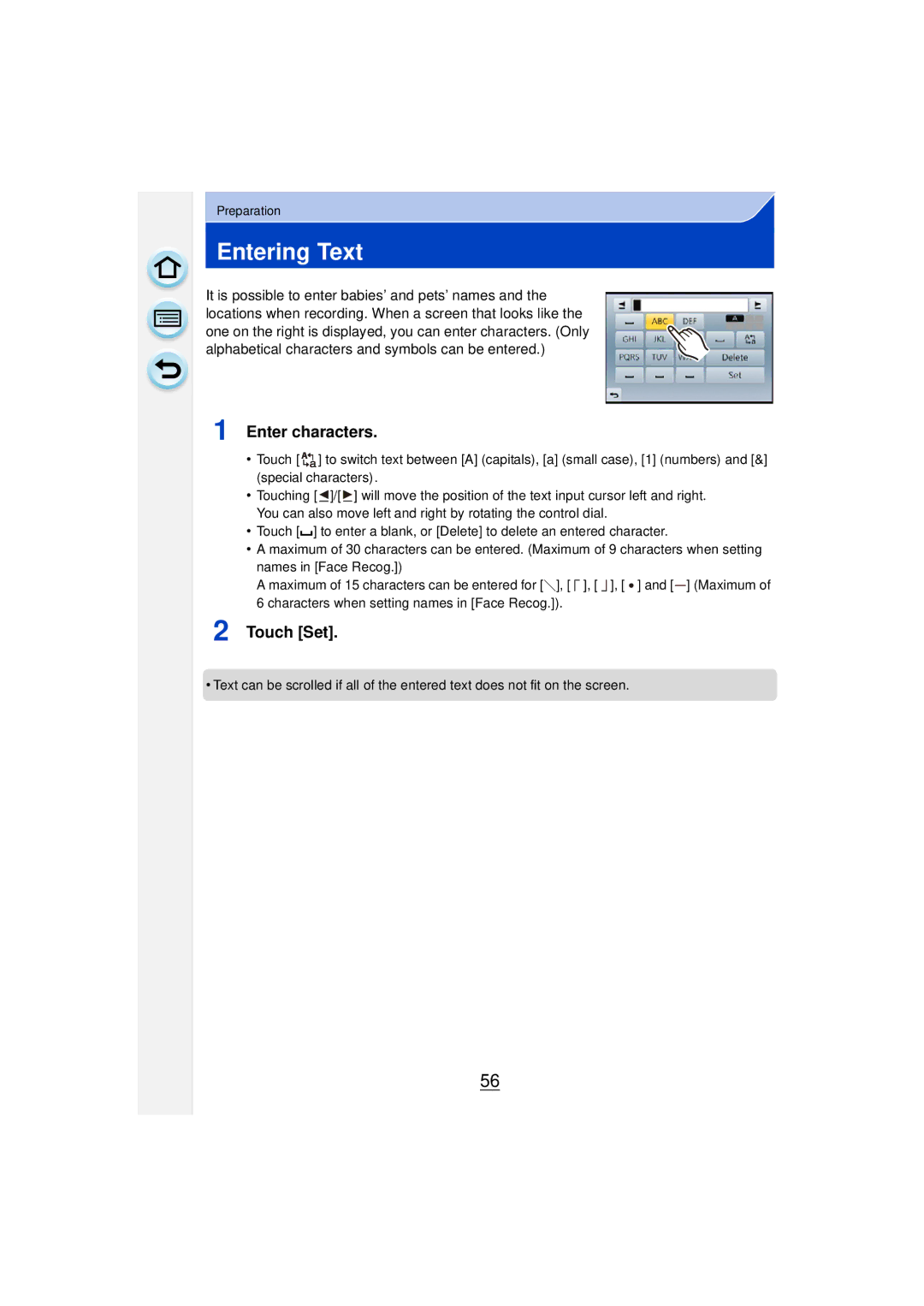 Panasonic DMCGF6KK owner manual Entering Text, Enter characters, Touch Set 