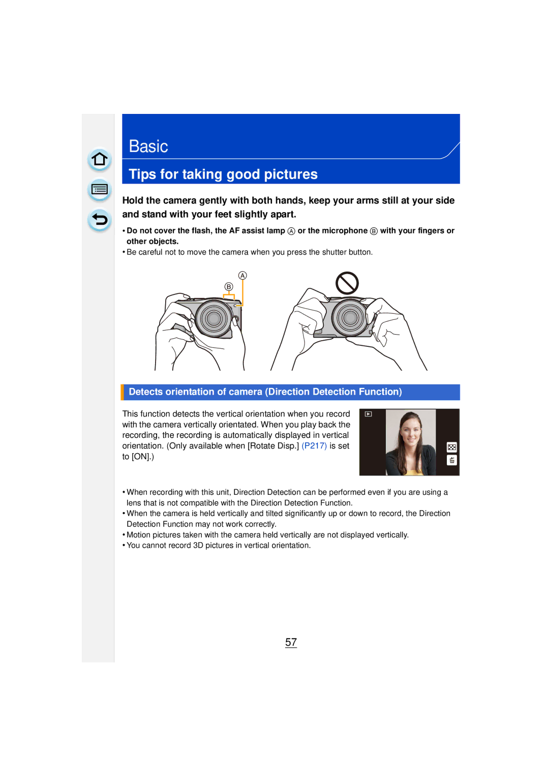 Panasonic DMCGF6KK owner manual Tips for taking good pictures, Detects orientation of camera Direction Detection Function 