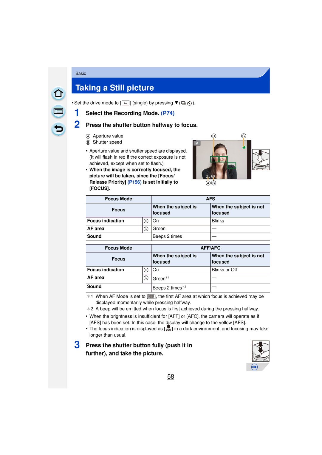 Panasonic DMCGF6KK owner manual Taking a Still picture, Aperture value B Shutter speed 