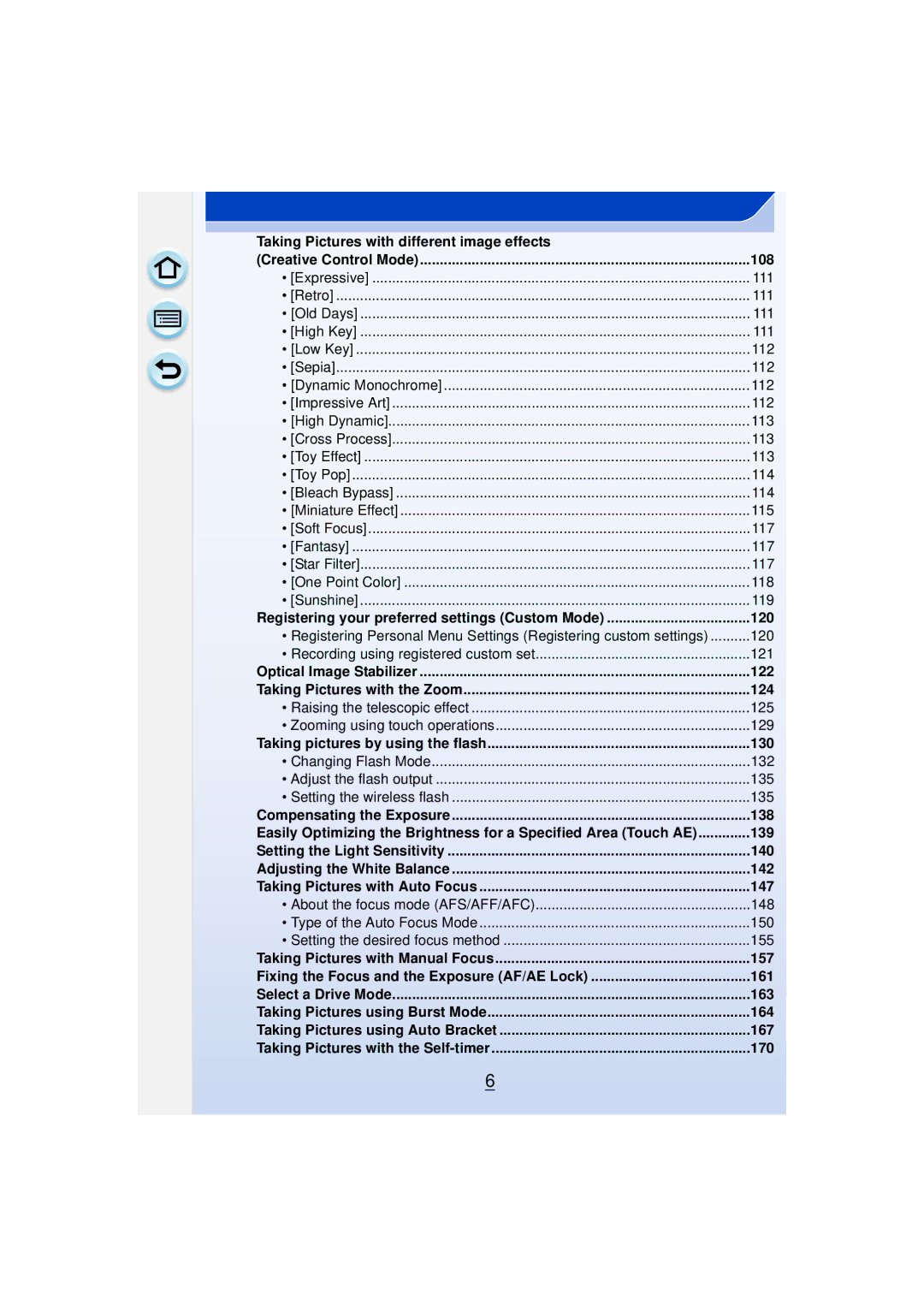 Panasonic DMCGF6KK owner manual 108, 120, 122, 124, 130, 138, 139, 140, 142, 147, 157, 161, 163, 164, 167, 170 