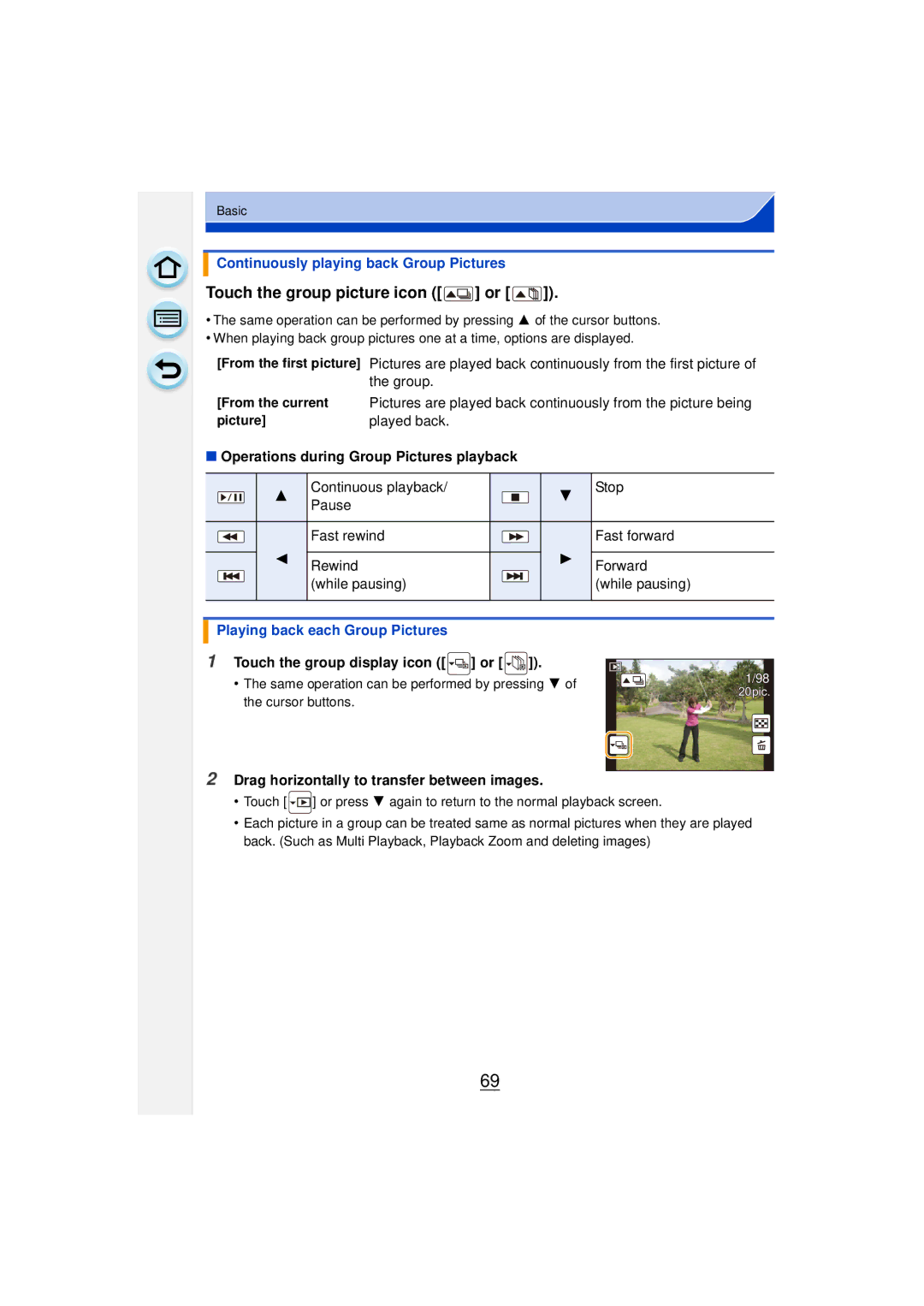 Panasonic DMCGF6KK owner manual Touch the group picture icon or, Continuously playing back Group Pictures 