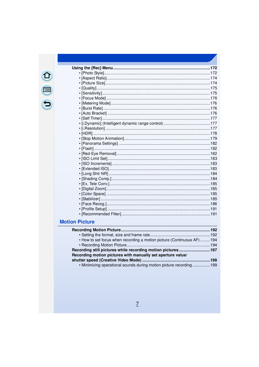 Panasonic DMCGF6KK owner manual Using the Rec Menu 172, Recording Motion Picture 192 