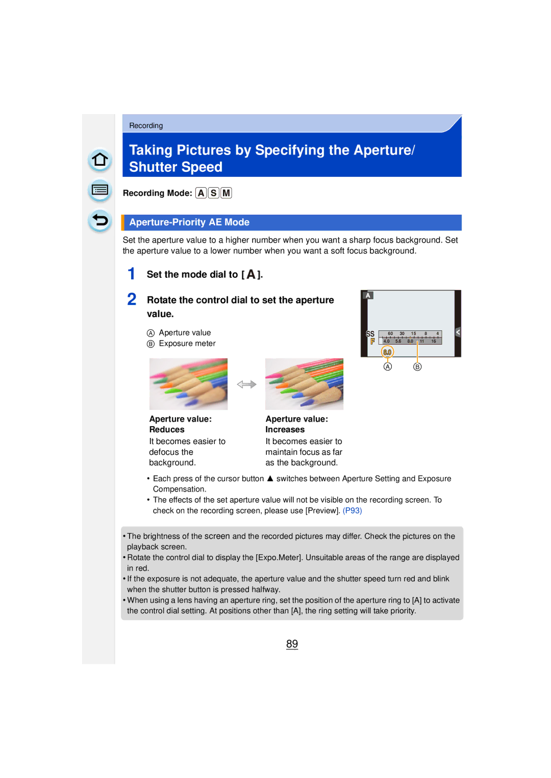 Panasonic DMCGF6KK owner manual Taking Pictures by Specifying the Aperture/ Shutter Speed, Aperture-Priority AE Mode 