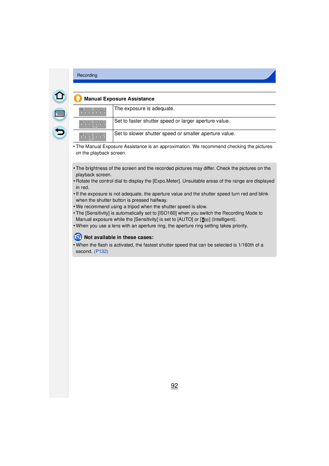 Panasonic DMCGF6KK owner manual Manual Exposure Assistance, Set to slower shutter speed or smaller aperture value 