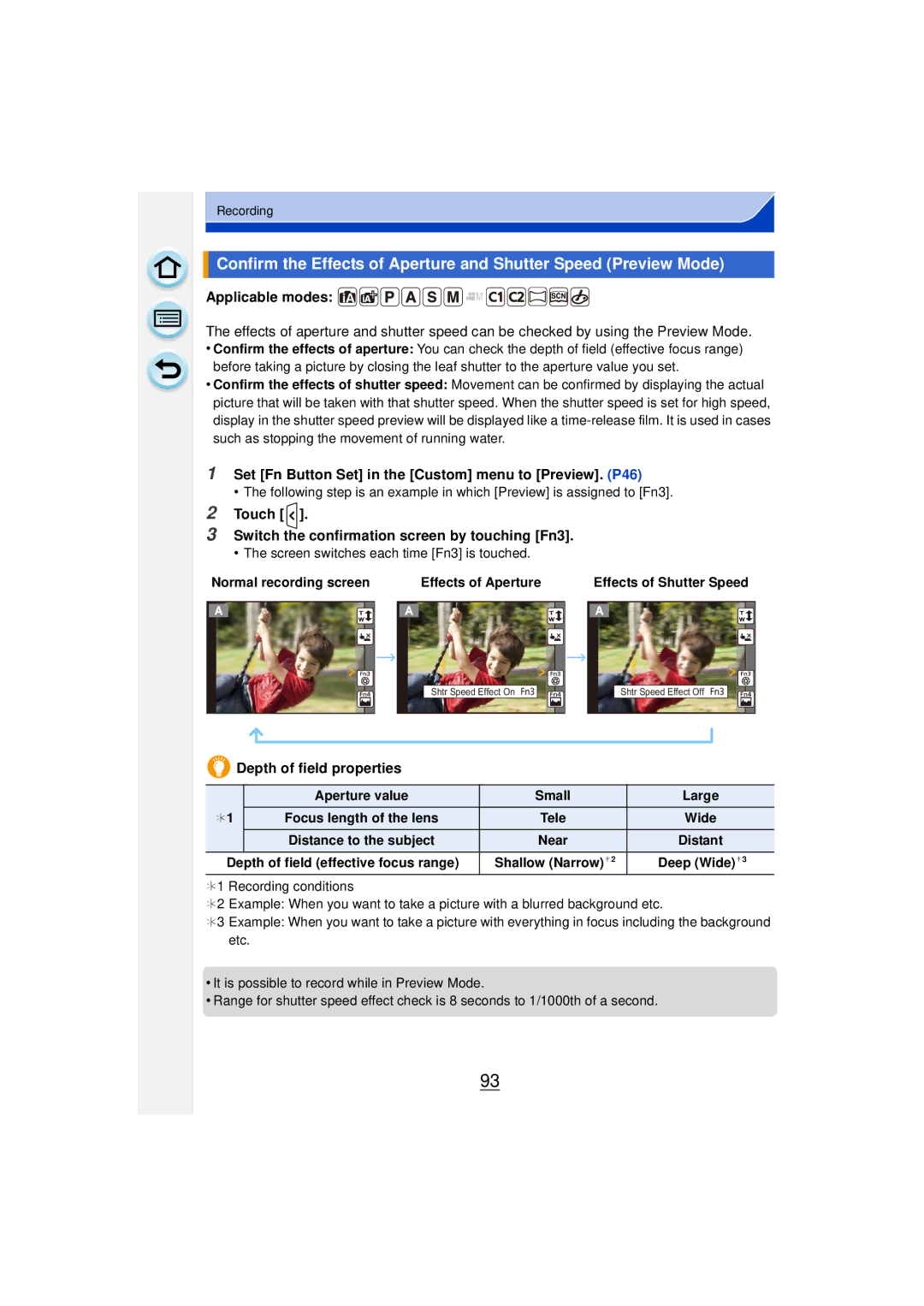 Panasonic DMCGF6KK owner manual Set Fn Button Set in the Custom menu to Preview. P46, Depth of field properties 