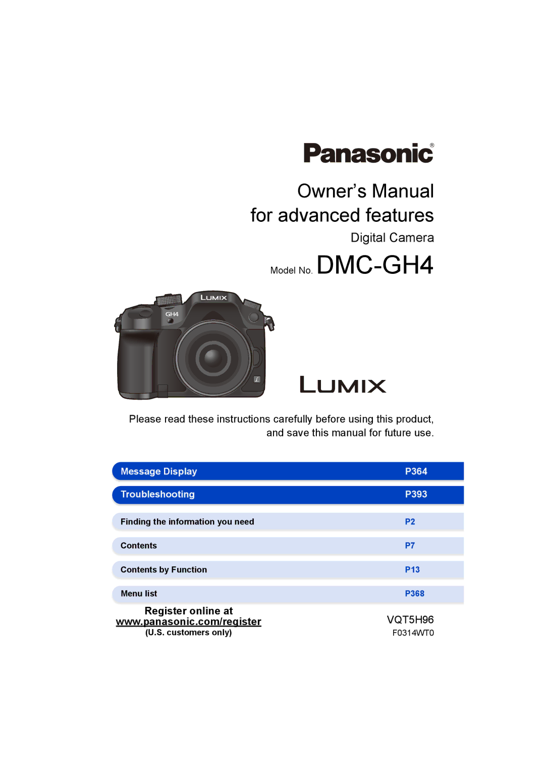 Panasonic DMCGH4YAGH, DMCGH4KBODY owner manual Menu list, Customers only F0314WT0 