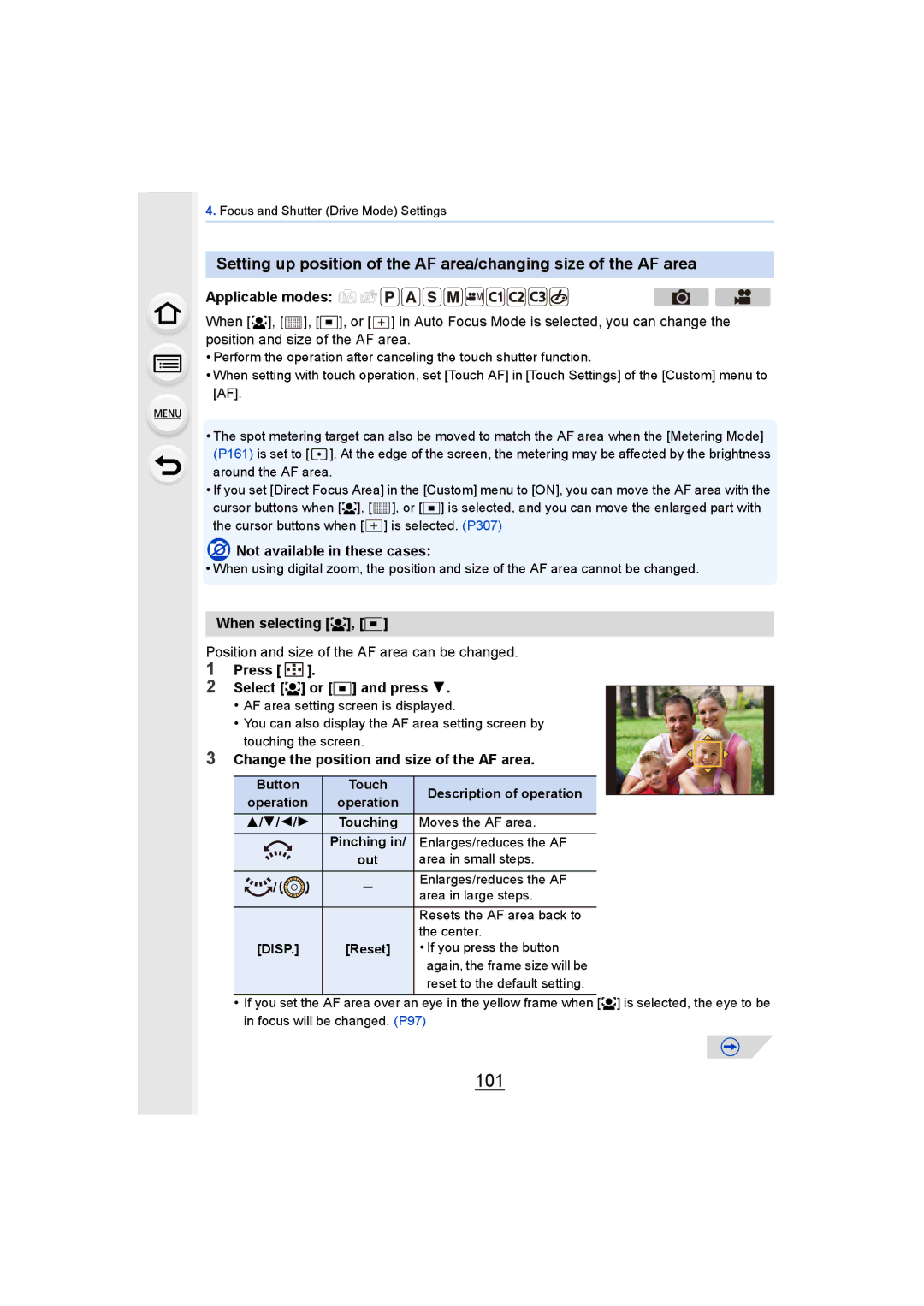 Panasonic DMCGH4YAGH, DMCGH4KBODY owner manual 101, When selecting š, Ø, Position and size of the AF area can be changed 