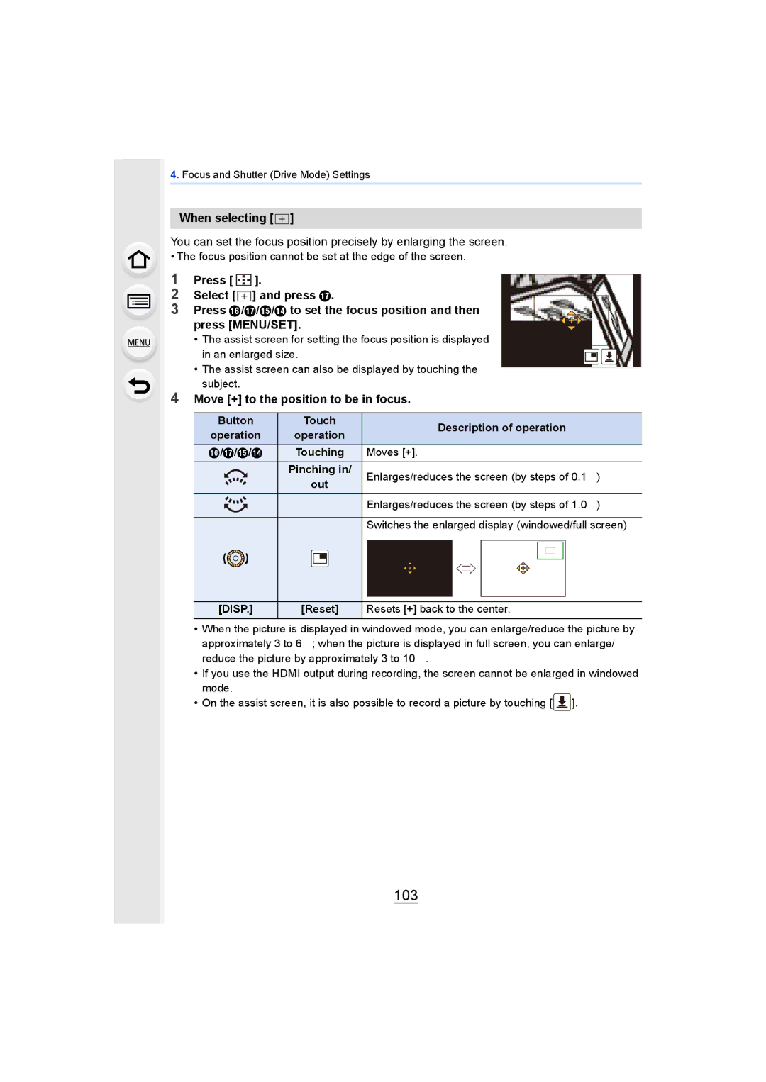 Panasonic DMCGH4YAGH, DMCGH4KBODY owner manual 103, Move + to the position to be in focus, Disp 