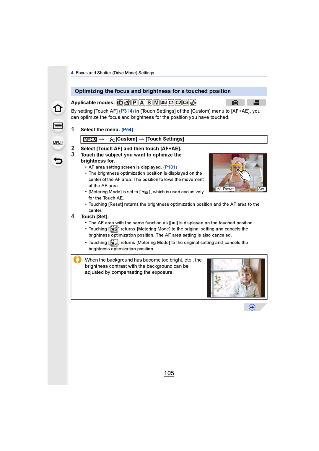 Panasonic DMCGH4YAGH, DMCGH4KBODY owner manual 105, Optimizing the focus and brightness for a touched position, Touch Set 