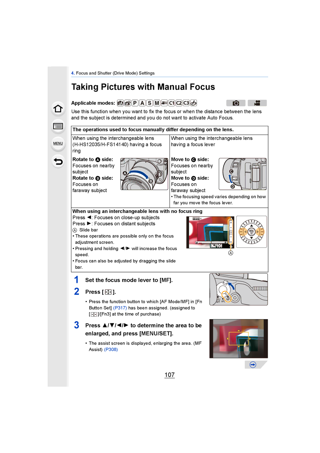 Panasonic DMCGH4YAGH, DMCGH4KBODY owner manual Taking Pictures with Manual Focus, 107, Set the focus mode lever to MF Press 