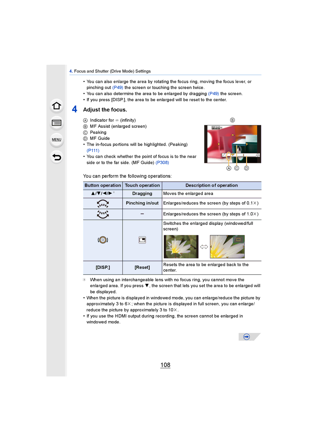 Panasonic DMCGH4KBODY, DMCGH4YAGH owner manual 108, Adjust the focus, You can perform the following operations, Dragging 