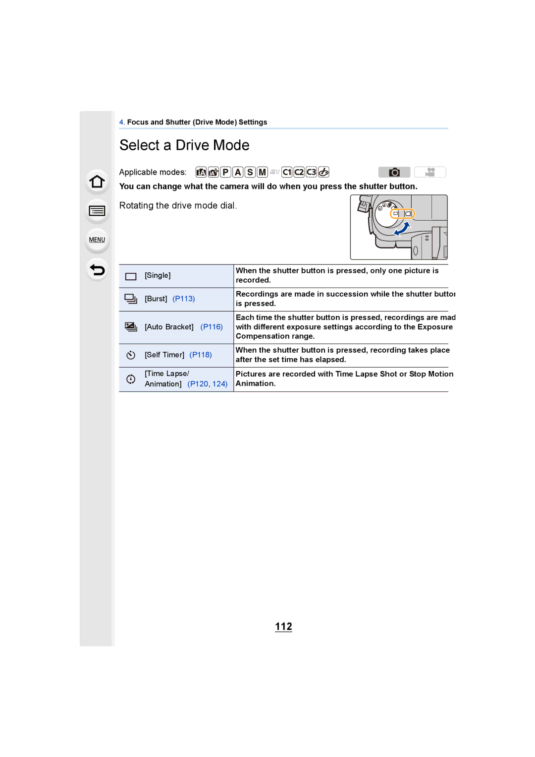 Panasonic DMCGH4KBODY, DMCGH4YAGH owner manual Select a Drive Mode, 112, Rotating the drive mode dial 