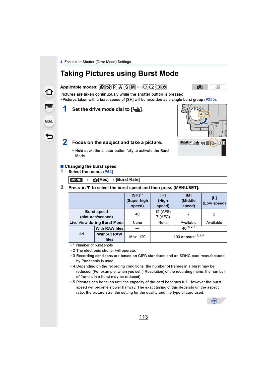 Panasonic DMCGH4YAGH, DMCGH4KBODY owner manual Taking Pictures using Burst Mode, 113 