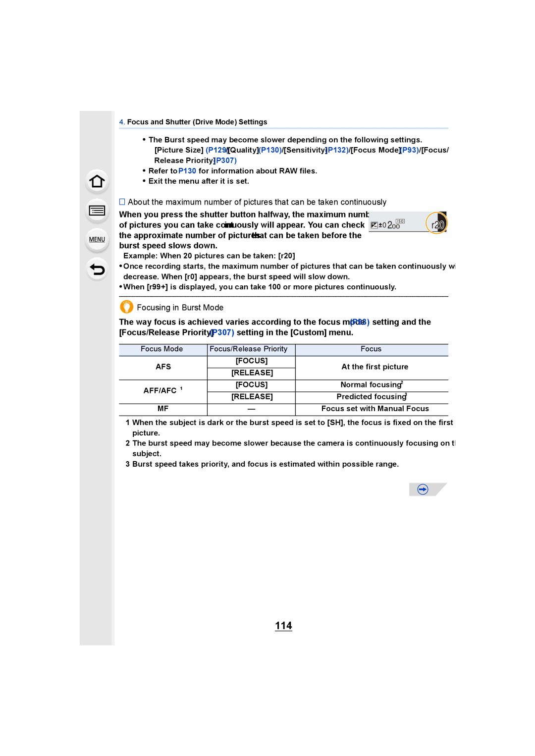 Panasonic DMCGH4KBODY, DMCGH4YAGH owner manual 114, Focusing in Burst Mode 