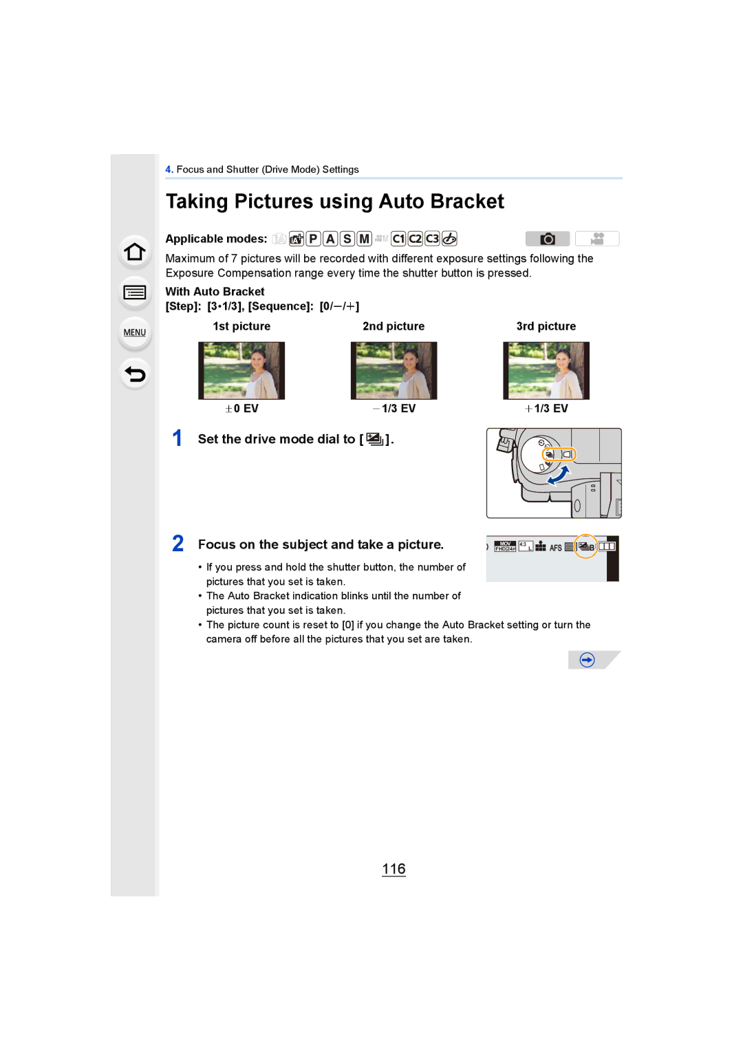 Panasonic DMCGH4KBODY, DMCGH4YAGH owner manual Taking Pictures using Auto Bracket, 116, Set the drive mode dial to 