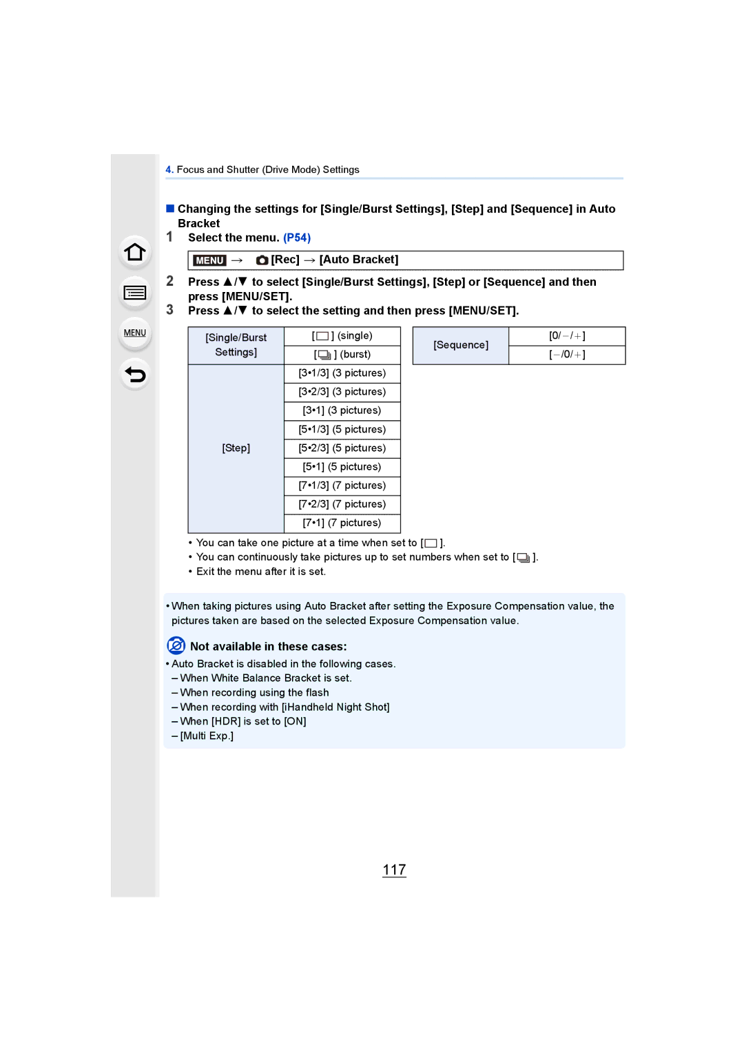 Panasonic DMCGH4YAGH, DMCGH4KBODY owner manual 117, Single/Burst Sequence Settings `/0 