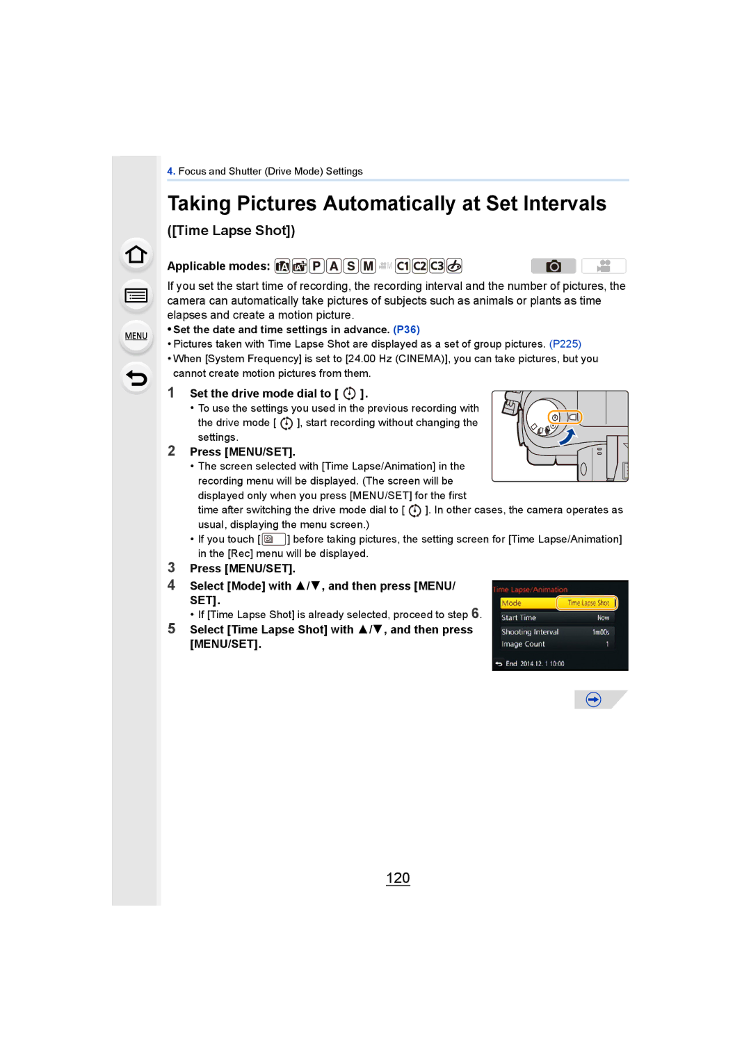 Panasonic DMCGH4KBODY, DMCGH4YAGH Taking Pictures Automatically at Set Intervals, 120, Set the drive mode dial to 