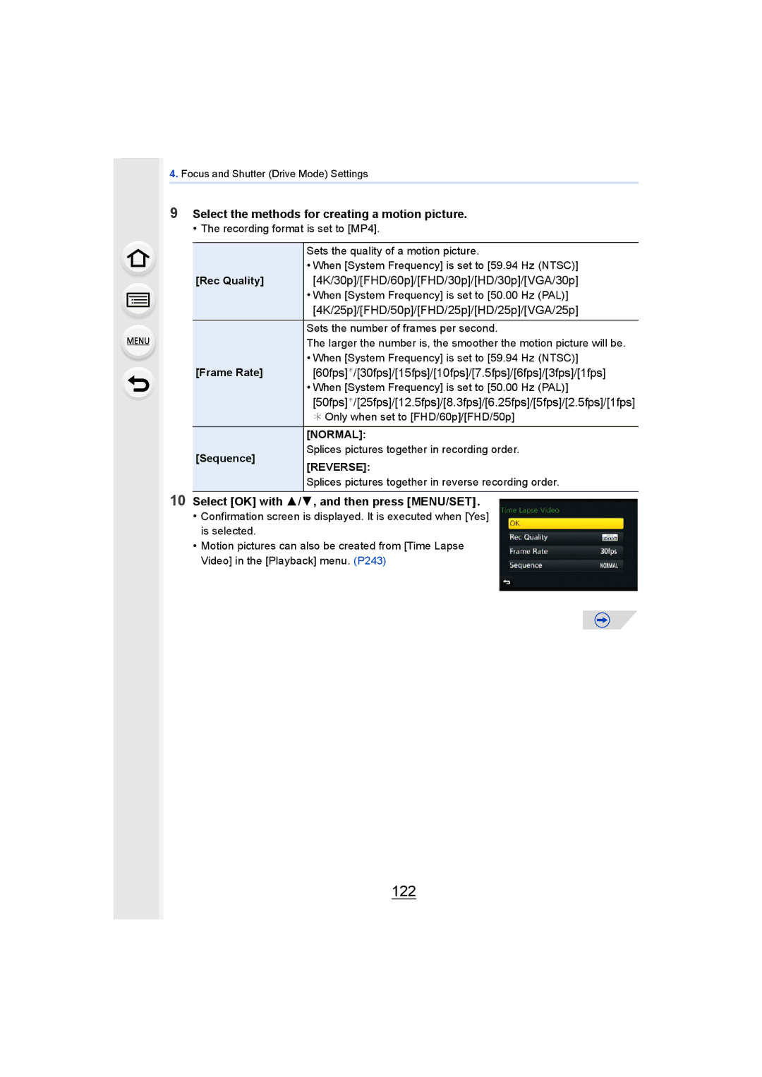 Panasonic DMCGH4KBODY 122, Select the methods for creating a motion picture, Select OK with 3/4, and then press MENU/SET 