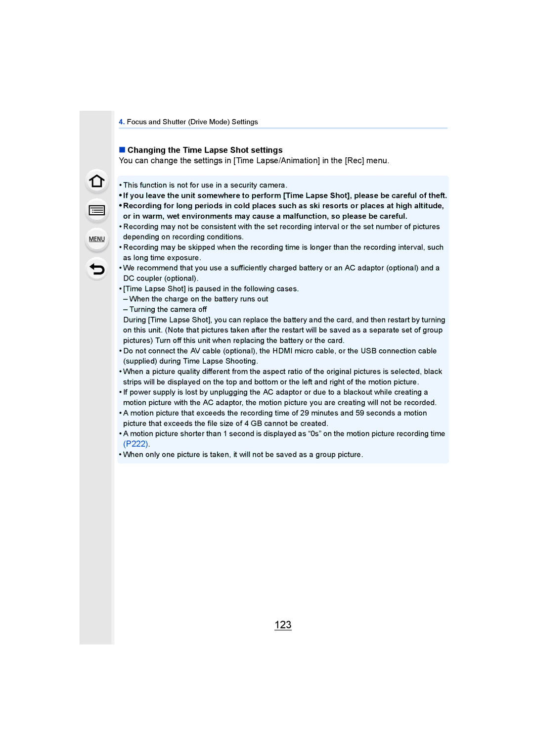 Panasonic DMCGH4YAGH, DMCGH4KBODY owner manual 123, Changing the Time Lapse Shot settings 