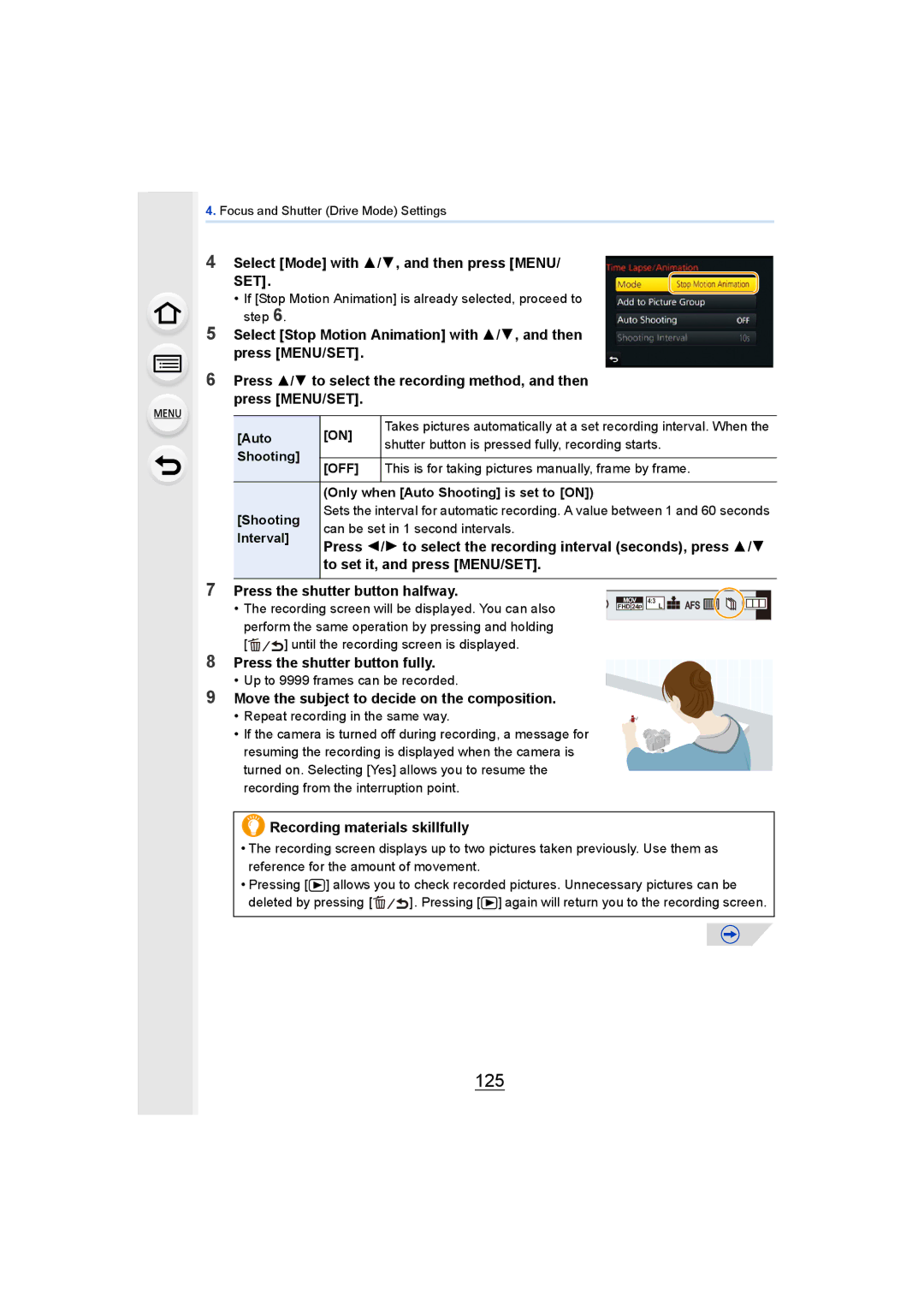 Panasonic DMCGH4YAGH 125, To set it, and press MENU/SET, Press the shutter button halfway, Recording materials skillfully 