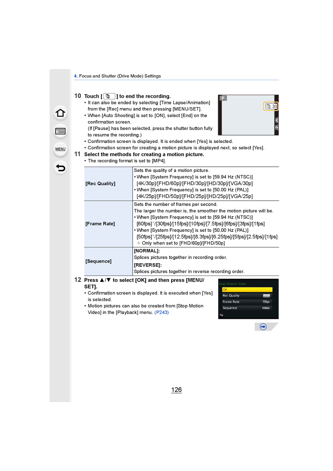 Panasonic DMCGH4KBODY, DMCGH4YAGH owner manual 126, Touch To end the recording, Press 3/4 to select OK and then press Menu 