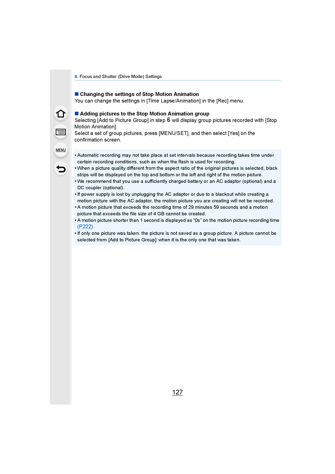 Panasonic DMCGH4YAGH, DMCGH4KBODY owner manual 127, Changing the settings of Stop Motion Animation 