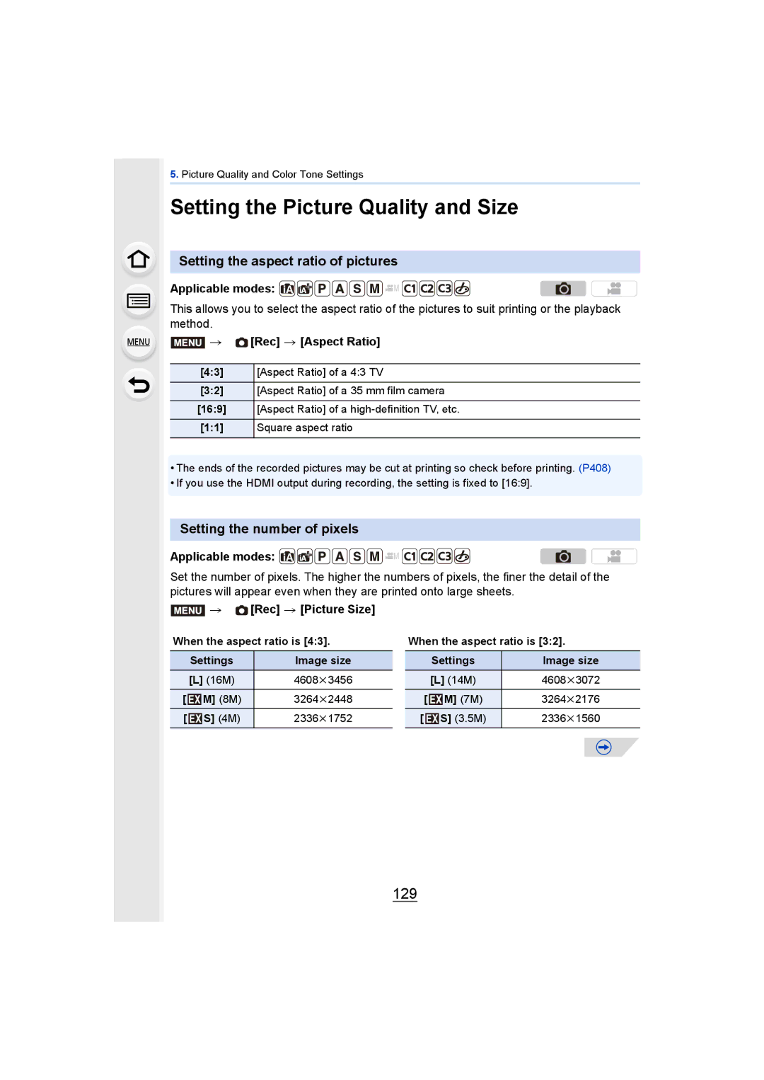 Panasonic DMCGH4YAGH, DMCGH4KBODY Setting the Picture Quality and Size, 129, Setting the aspect ratio of pictures 