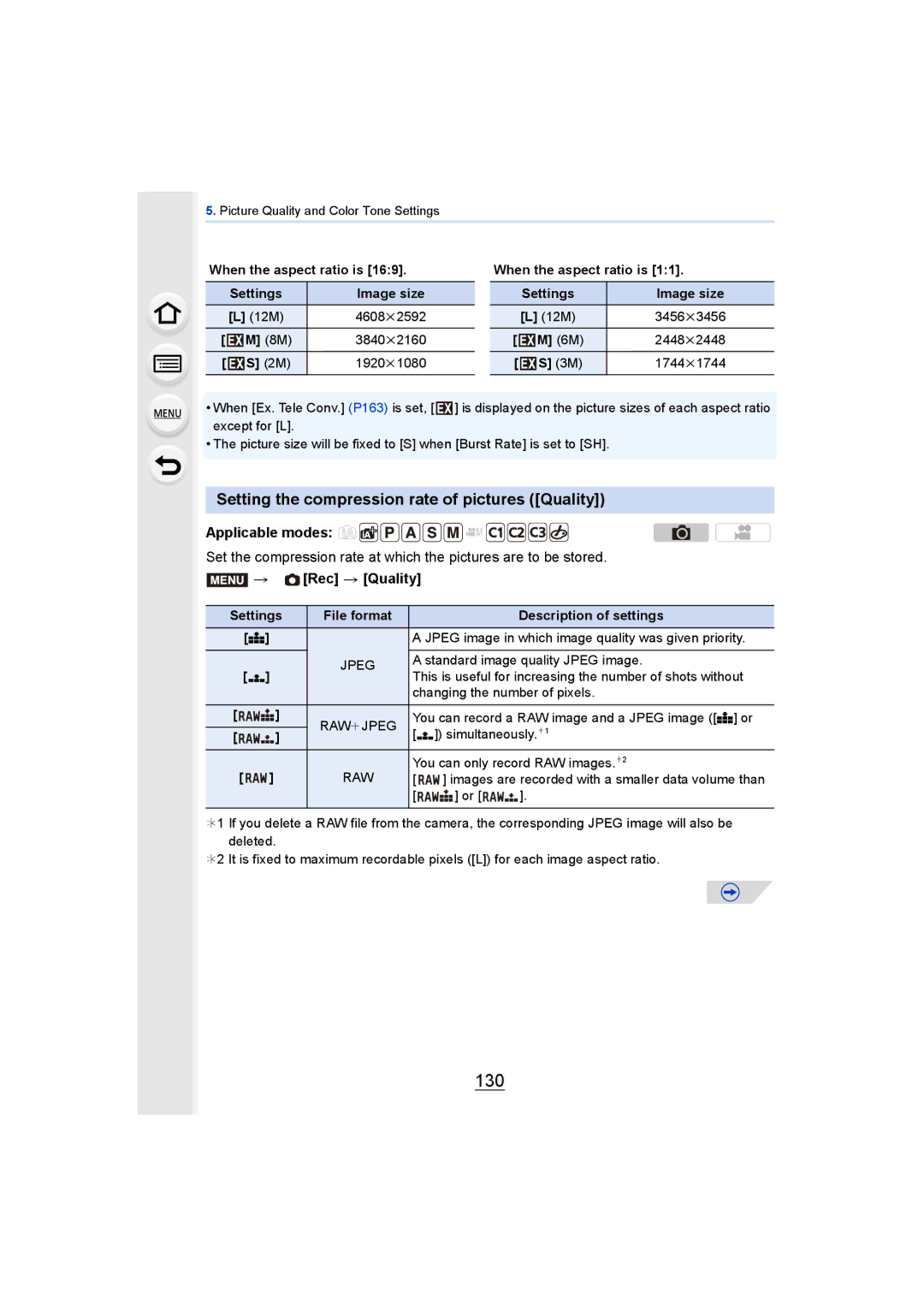 Panasonic DMCGH4KBODY 130, Setting the compression rate of pictures Quality, Rec Quality, Description of settings 