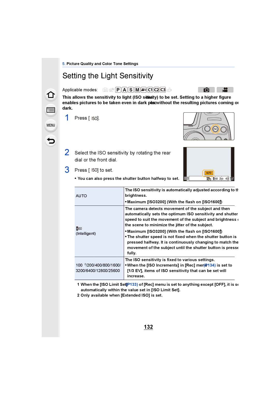 Panasonic DMCGH4KBODY, DMCGH4YAGH owner manual Setting the Light Sensitivity, 132, Auto 