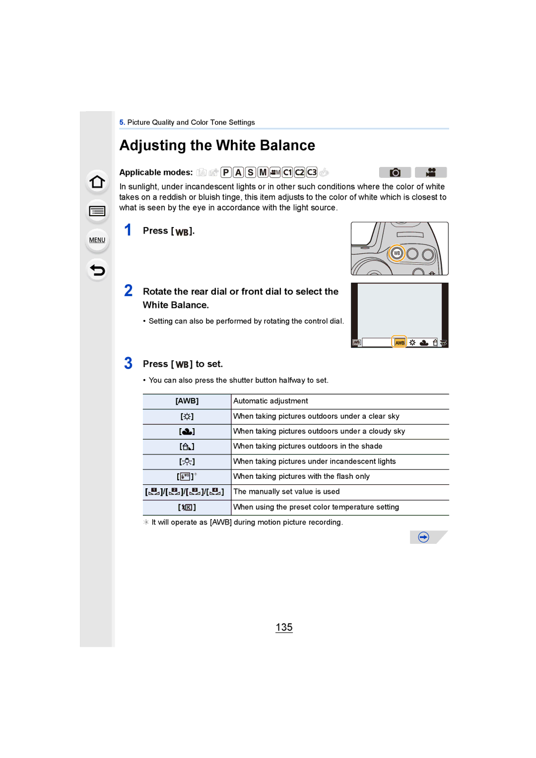 Panasonic DMCGH4YAGH, DMCGH4KBODY owner manual Adjusting the White Balance, 135, Awb 