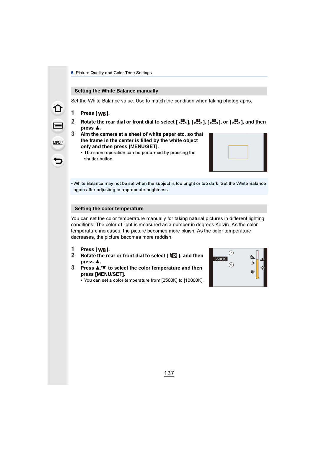 Panasonic DMCGH4YAGH, DMCGH4KBODY owner manual 137, Setting the White Balance manually, Setting the color temperature 