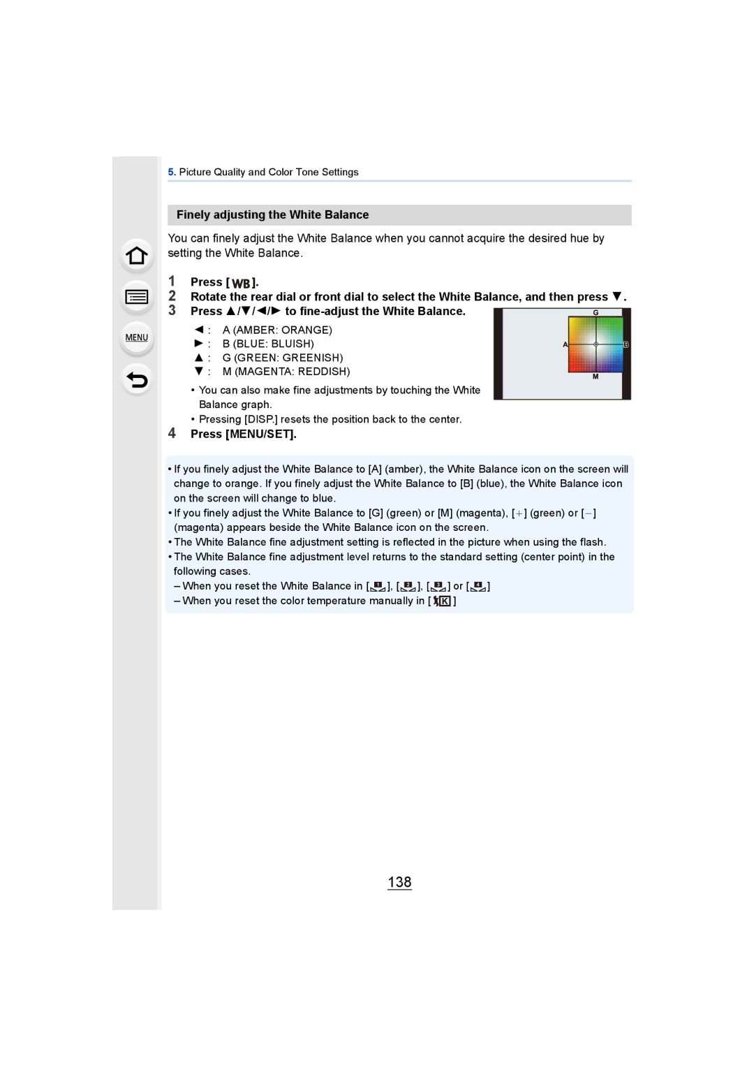 Panasonic DMCGH4KBODY, DMCGH4YAGH 138, Finely adjusting the White Balance, Press 3/4/2/1 to fine-adjust the White Balance 