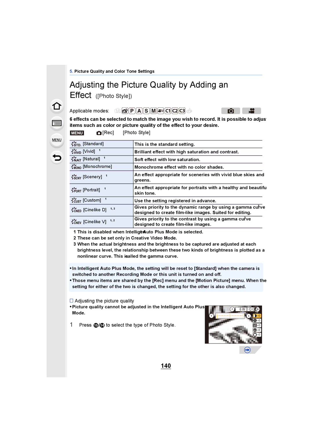 Panasonic DMCGH4KBODY Adjusting the Picture Quality by Adding an, 140, Rec Photo Style, Adjusting the picture quality 