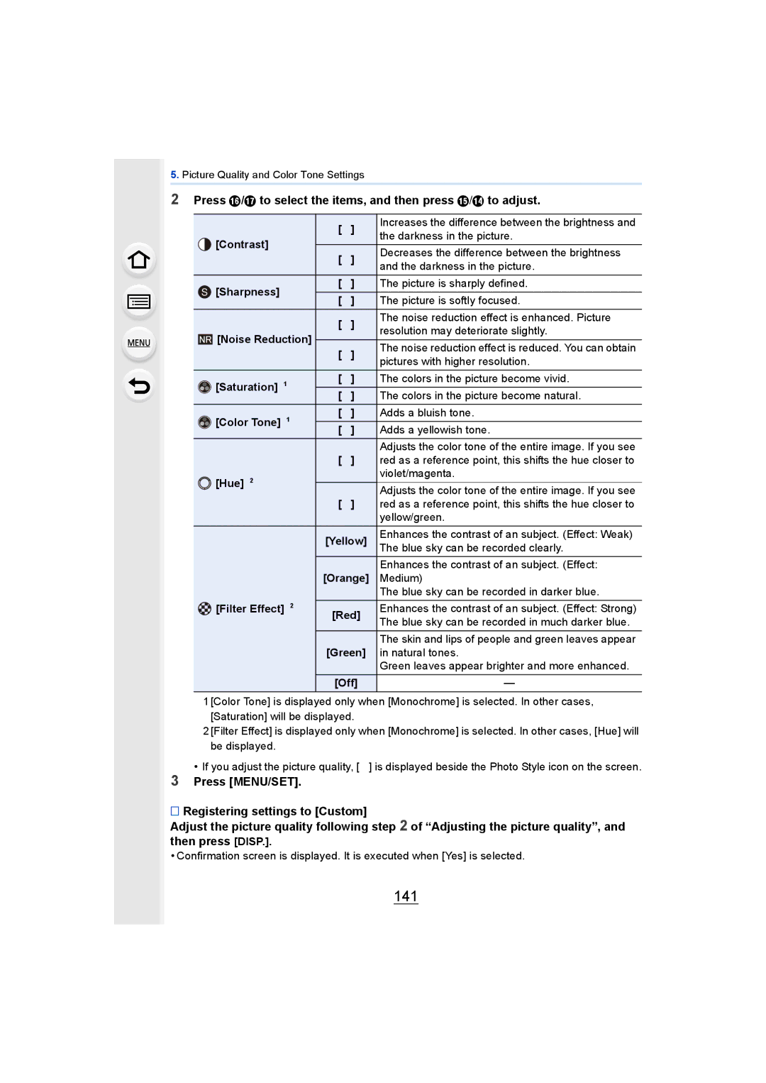 Panasonic DMCGH4YAGH, DMCGH4KBODY owner manual 141, Press 3/4 to select the items, and then press 2/1 to adjust 