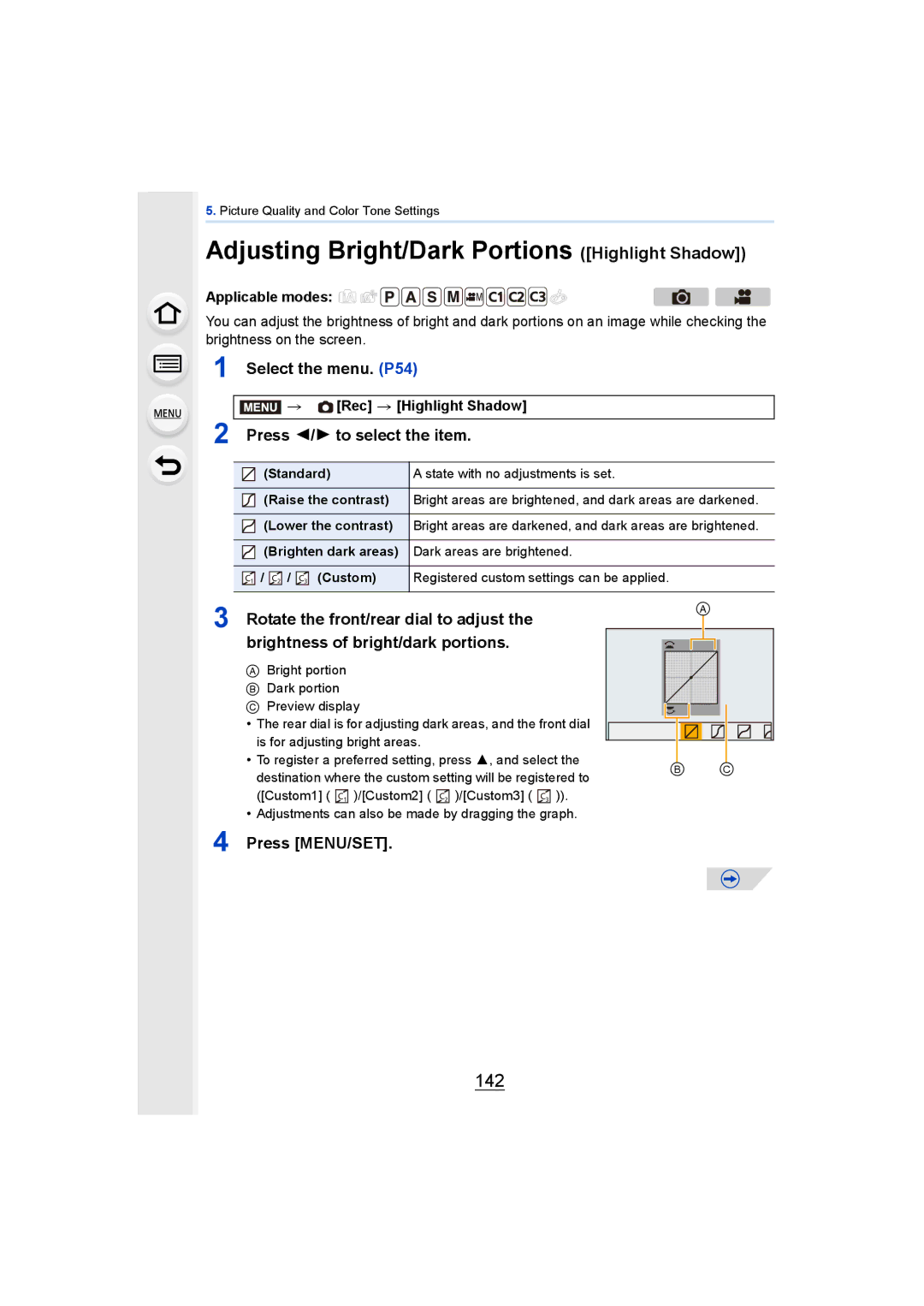 Panasonic DMCGH4KBODY Adjusting Bright/Dark Portions Highlight Shadow, 142, Select the menu. P54, Rec Highlight Shadow 