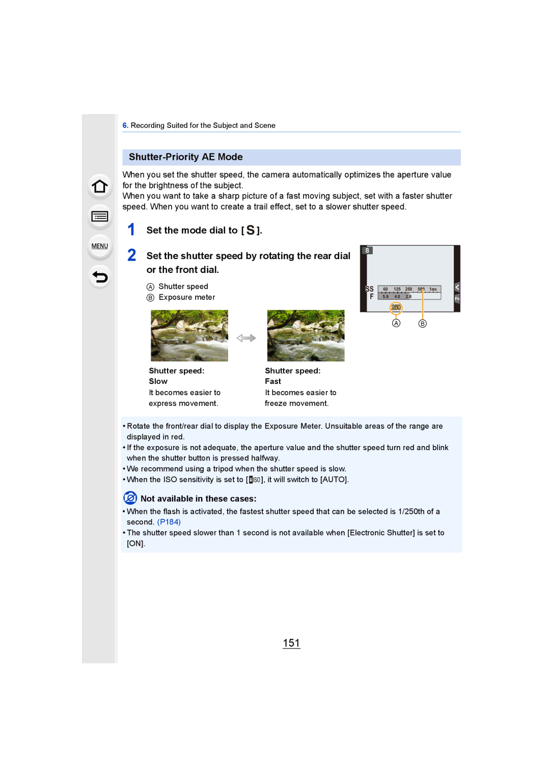 Panasonic DMCGH4YAGH, DMCGH4KBODY owner manual 151, Shutter-Priority AE Mode, Shutter speed Slow Fast It becomes easier to 