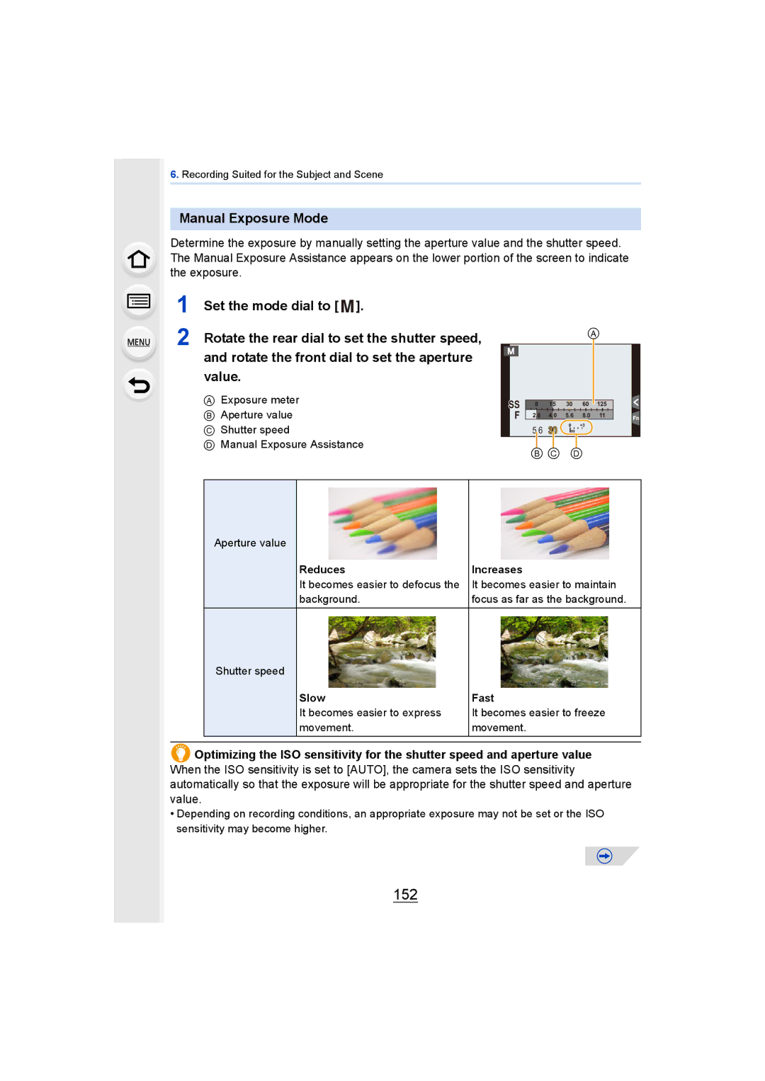 Panasonic DMCGH4KBODY, DMCGH4YAGH owner manual 152, Manual Exposure Mode, Reduces Increases, Slow Fast 