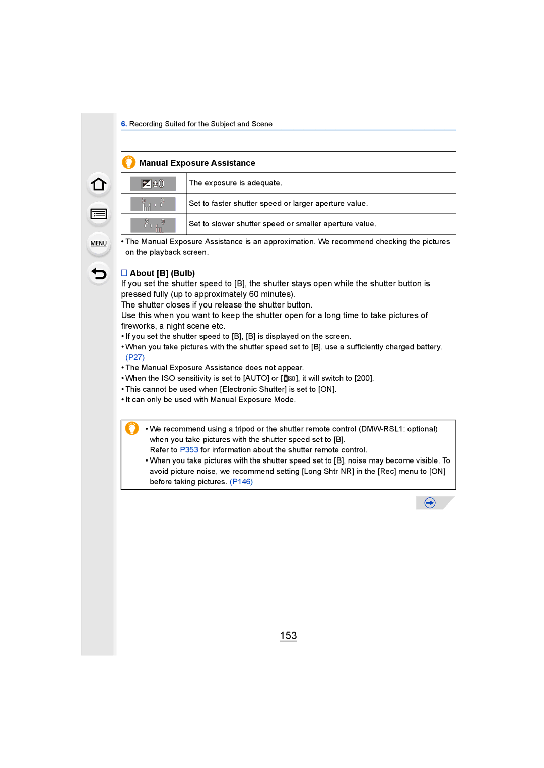 Panasonic DMCGH4YAGH, DMCGH4KBODY owner manual 153, Manual Exposure Assistance, About B Bulb 