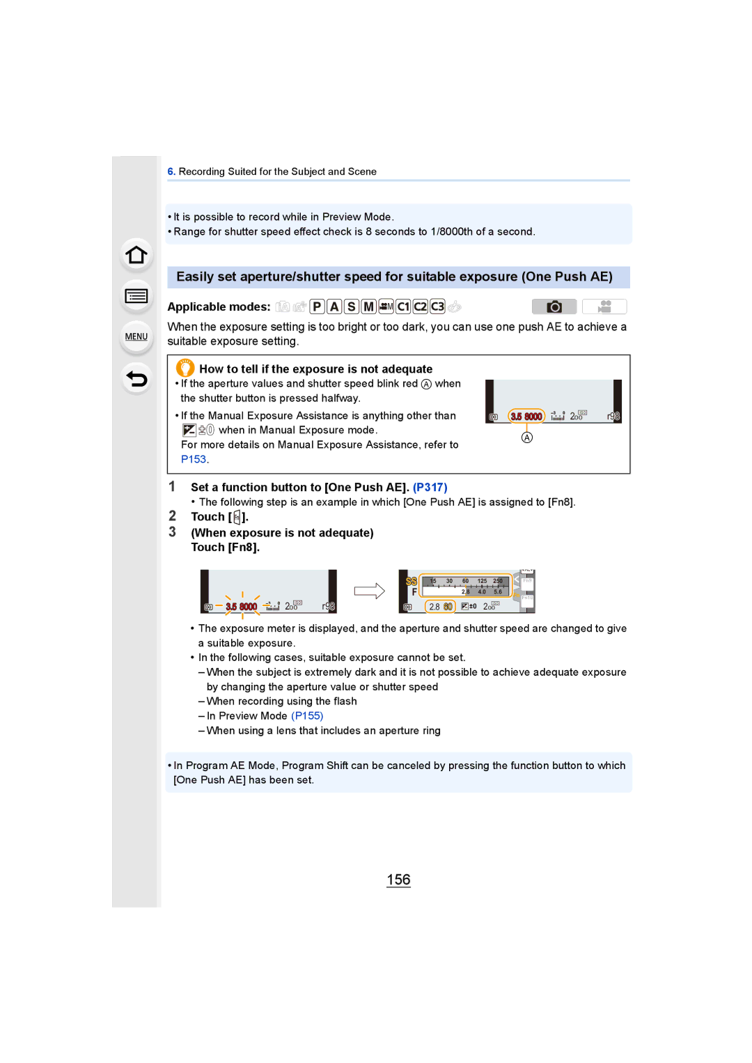 Panasonic DMCGH4KBODY 156, How to tell if the exposure is not adequate, Set a function button to One Push AE. P317 