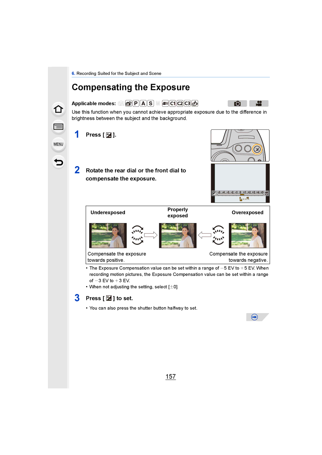 Panasonic DMCGH4YAGH, DMCGH4KBODY owner manual Compensating the Exposure, 157 