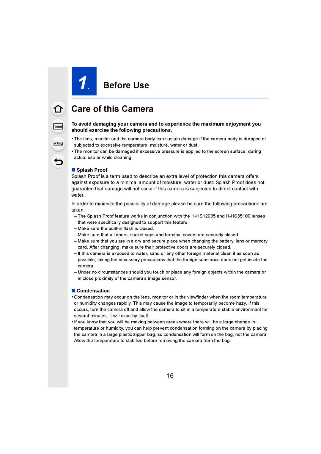 Panasonic DMCGH4KBODY, DMCGH4YAGH owner manual Before Use Care of this Camera, Splash Proof, Condensation 