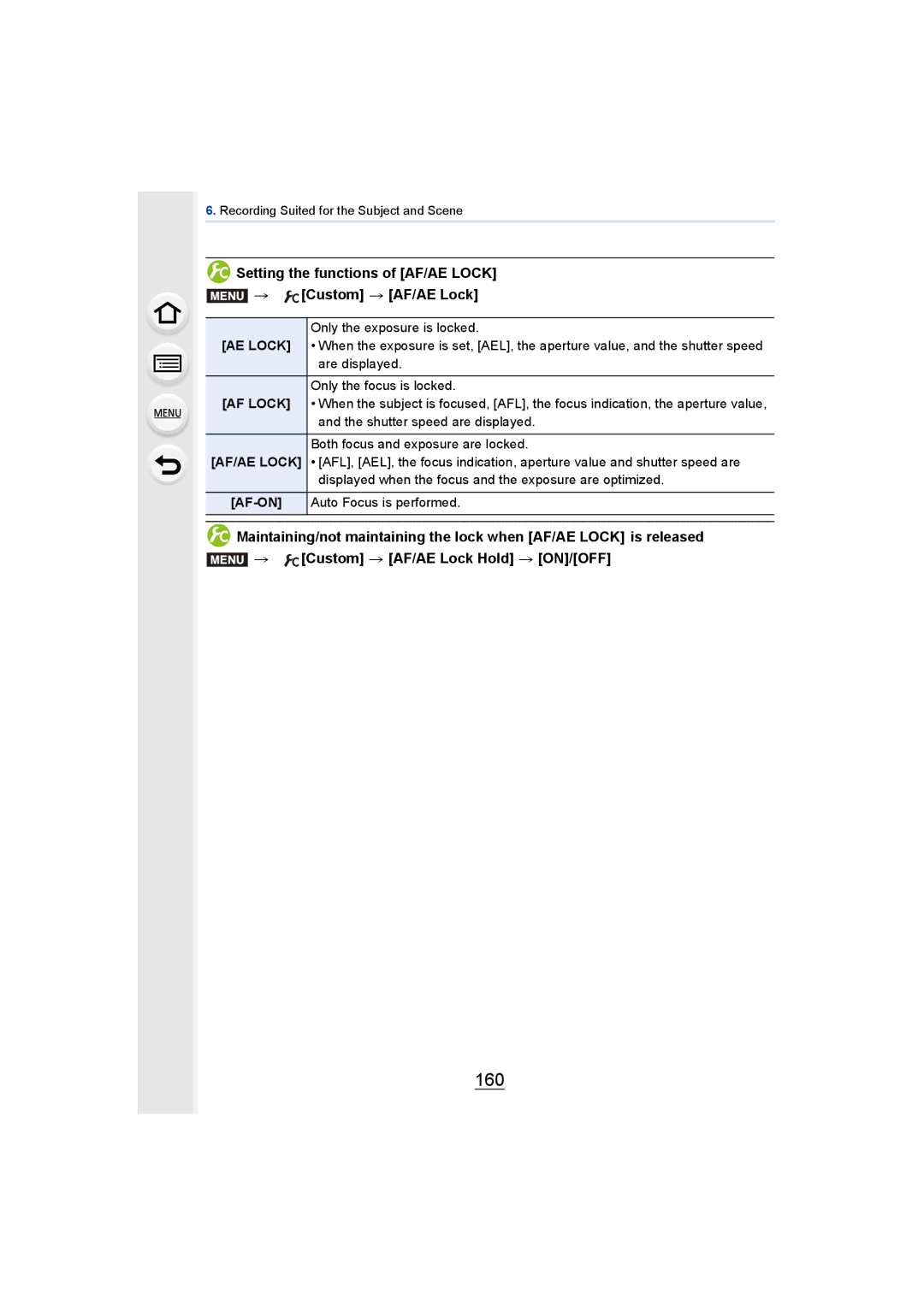 Panasonic DMCGH4KBODY, DMCGH4YAGH owner manual 160, Setting the functions of AF/AE Lock Custom AF/AE Lock 