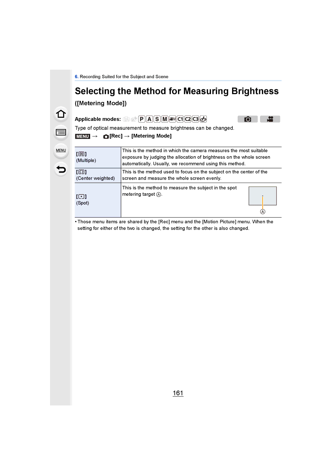 Panasonic DMCGH4YAGH, DMCGH4KBODY owner manual 161, Rec Metering Mode 